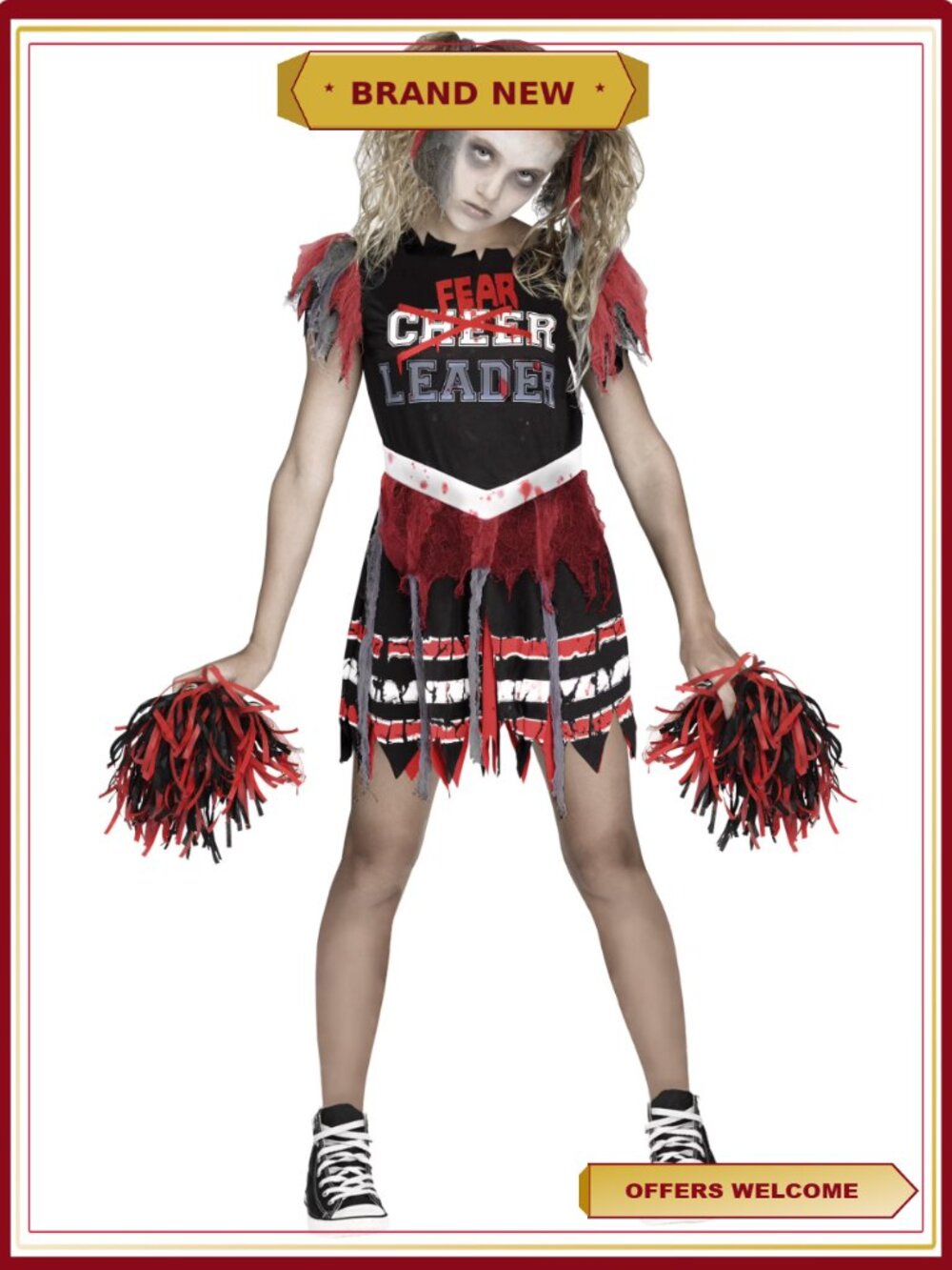 Girls Zombie Fear Leader Halloween Costume Tattered Dress L 10/12